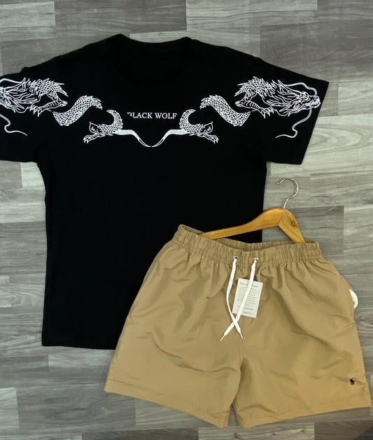 Conjunto-Camiseta de dragones con pantaloneta cafe